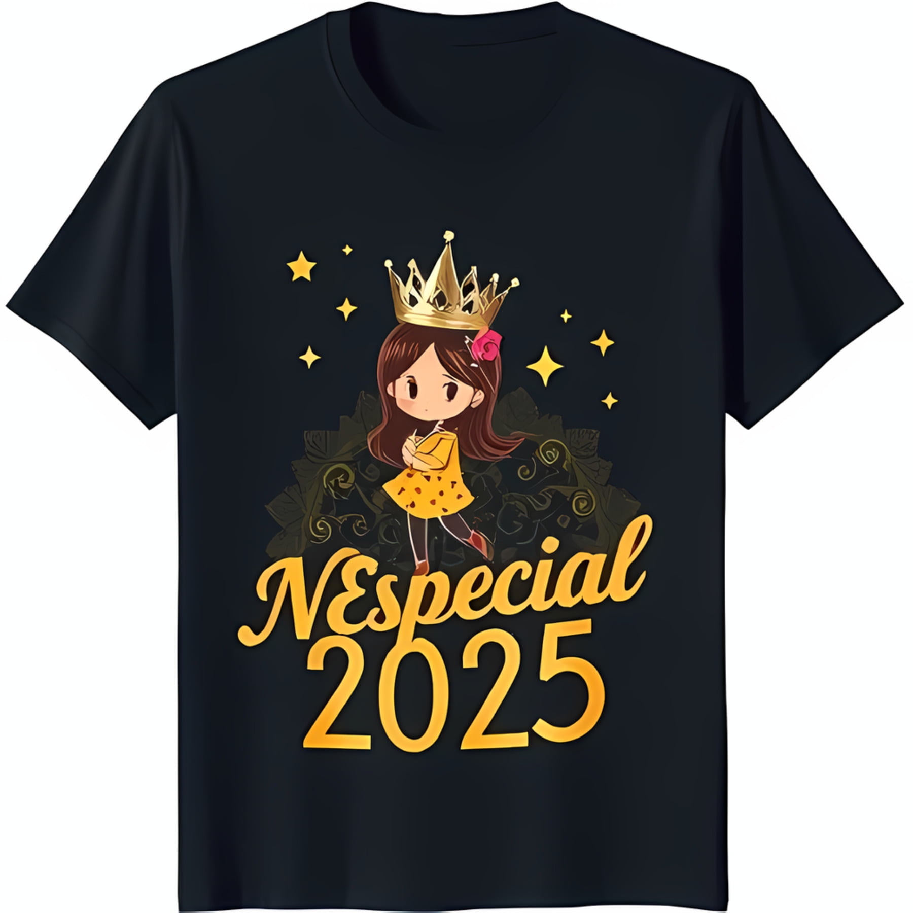Black TShirt with Gold Crown & Cartoon Girl in Yellow Dress Nespecial