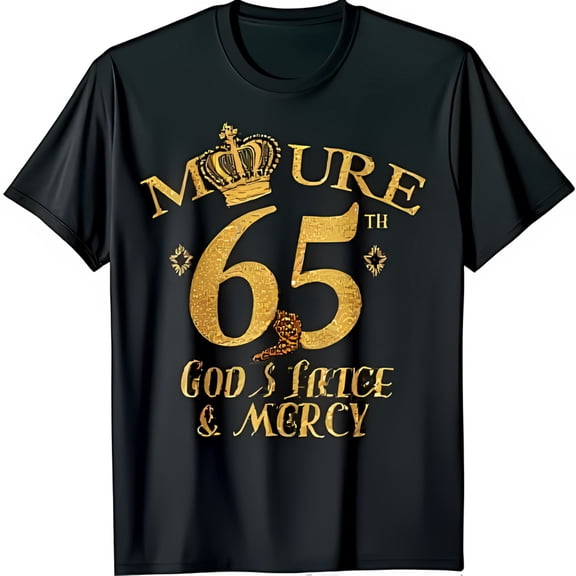 Black T-Shirt with Gold Crown Design & 'Moure 65th' Graphic for 65th Birthday