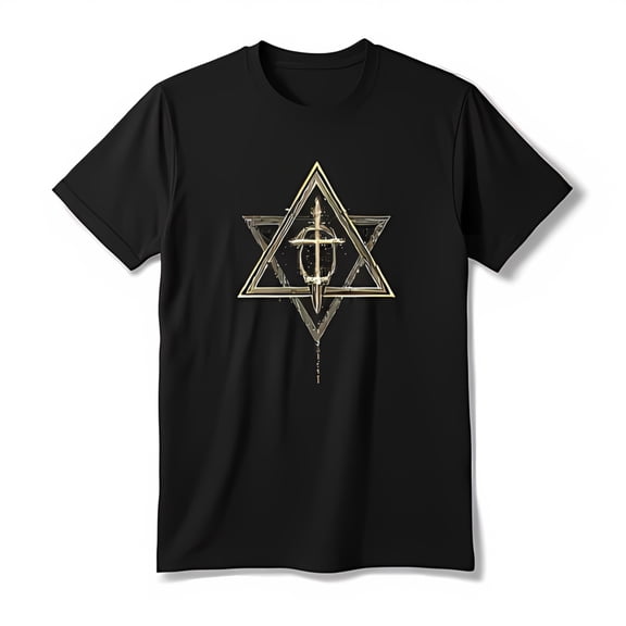 Black T-Shirt with Gold Design & Six Pointed Star Graphic