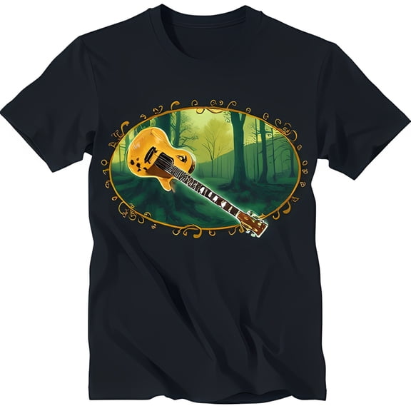 Black T-Shirt with Gold Embossed Forest and Light Yellow Design