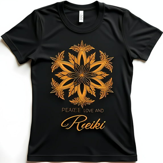 Black T-Shirt with Gold Flower Design & 'Peace Love and Reiki' Print