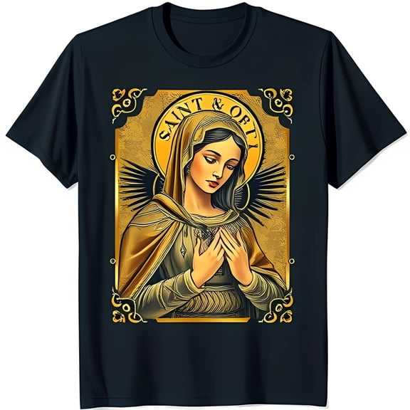Black T-Shirt with Gold Framed Prayerful Woman Design ' & Ofty' Graphic Tee