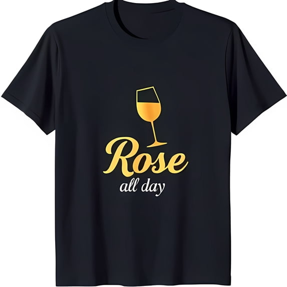Black T-Shirt with Gold Glass Graphic 'Rose All Day' Casual Tee for Lovers