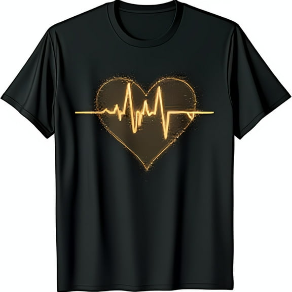 Black T-Shirt with Gold Glitter Heart & EKG Line Design Casual Everyday Wear