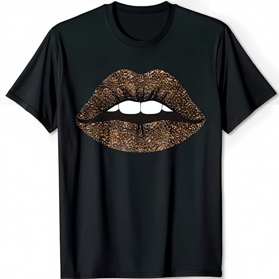 Black T-Shirt with Gold Glitter Lips Design Stylish & Playful