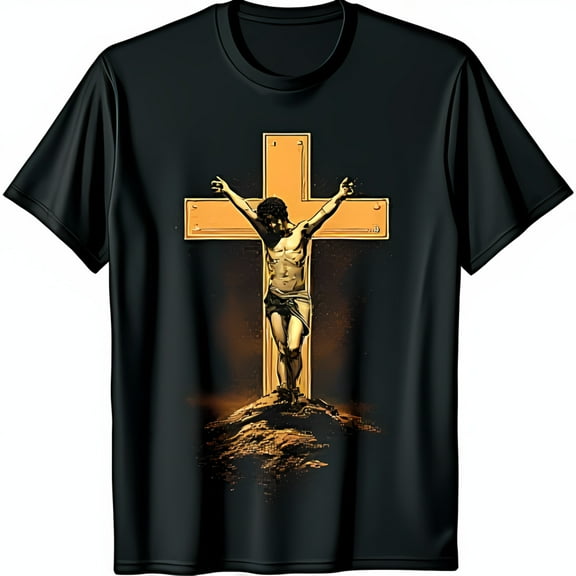 Black T-Shirt with Gold Graphic of Faith & Design