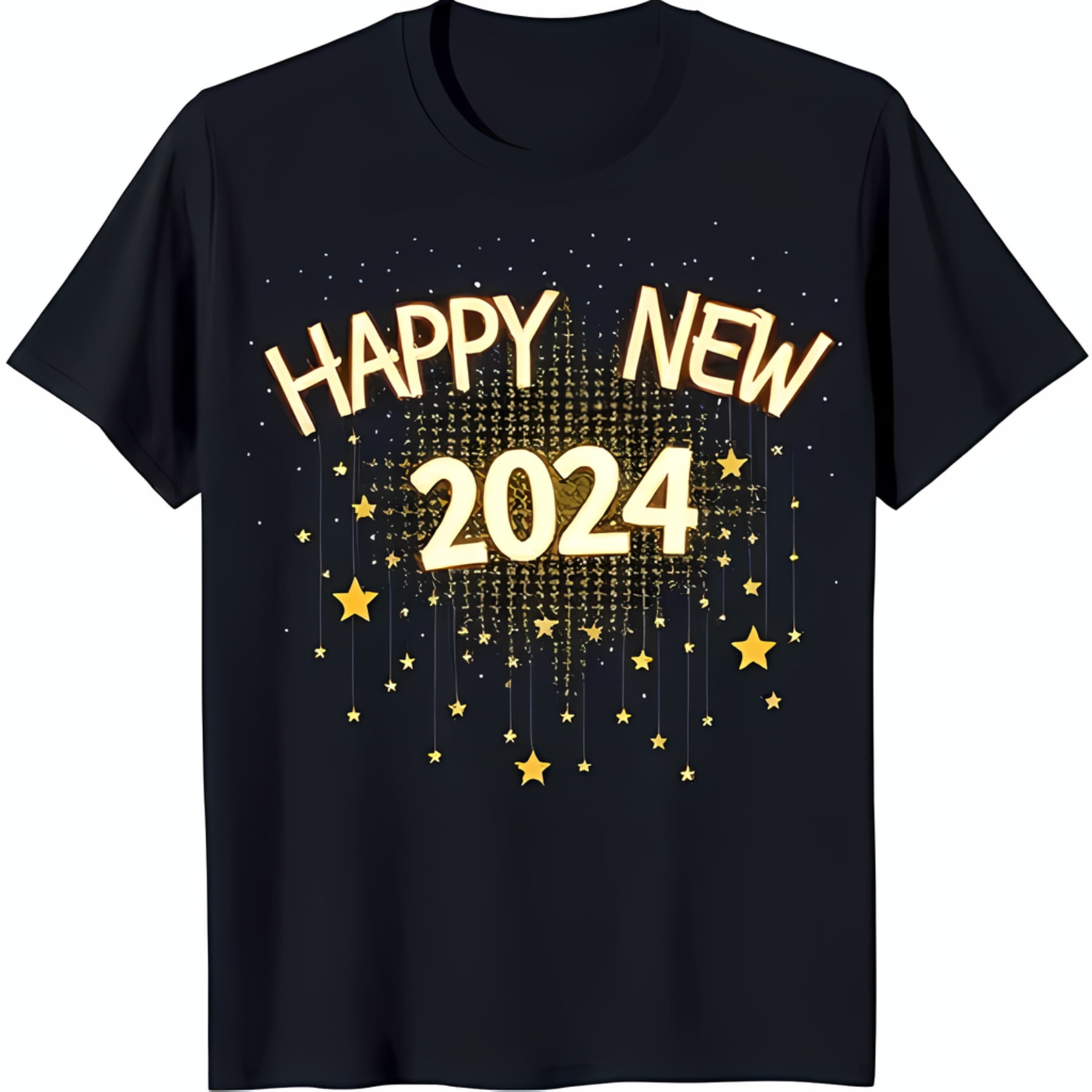 Black TShirt with Gold 'Happy New 2024' Design & Pattern