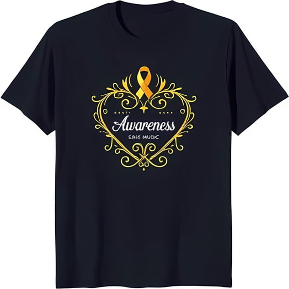 Black T-Shirt with Gold Heart Design Ribbon & 'Save Music' Awareness Print