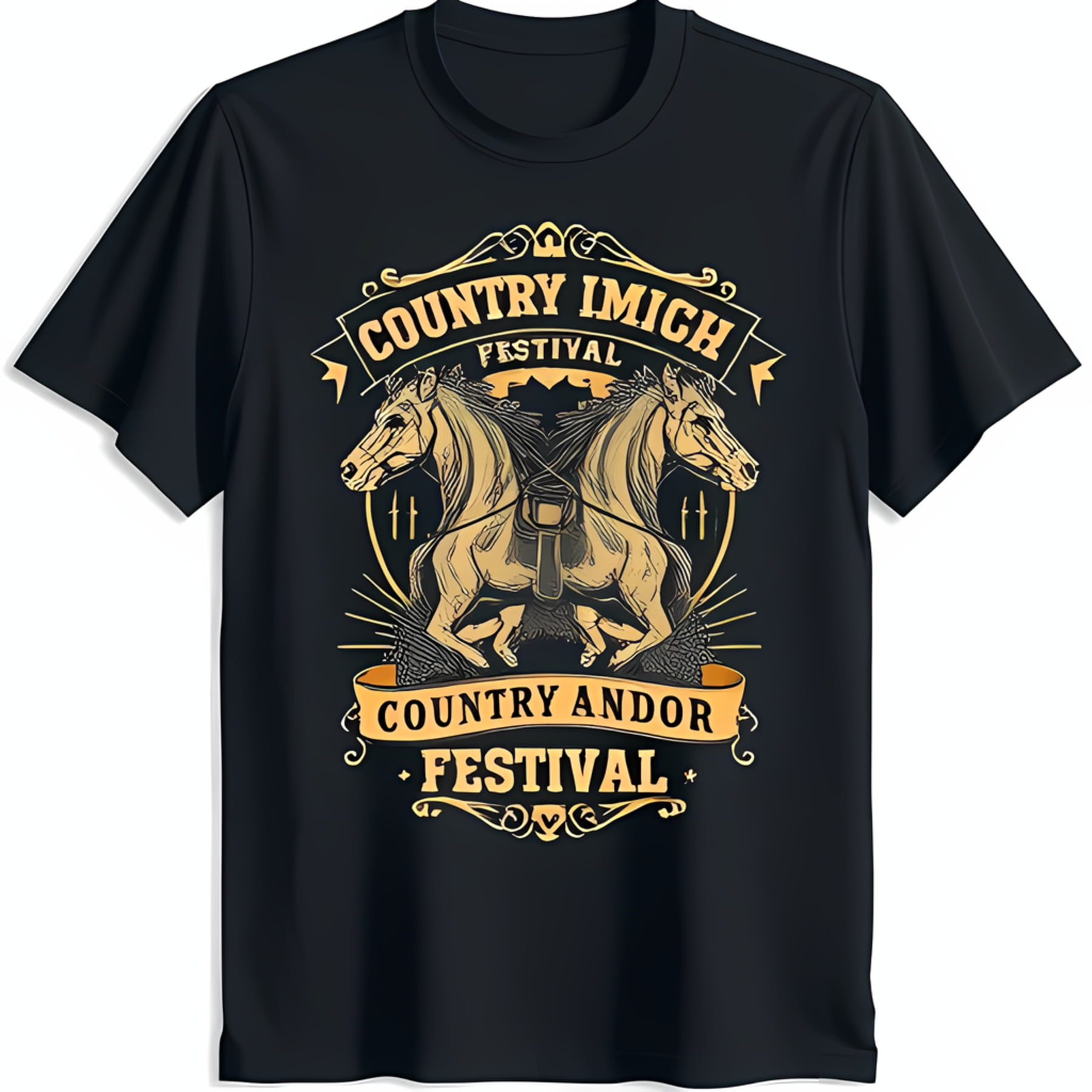 Black TShirt with Gold Horse Design Imich & Andor Festival