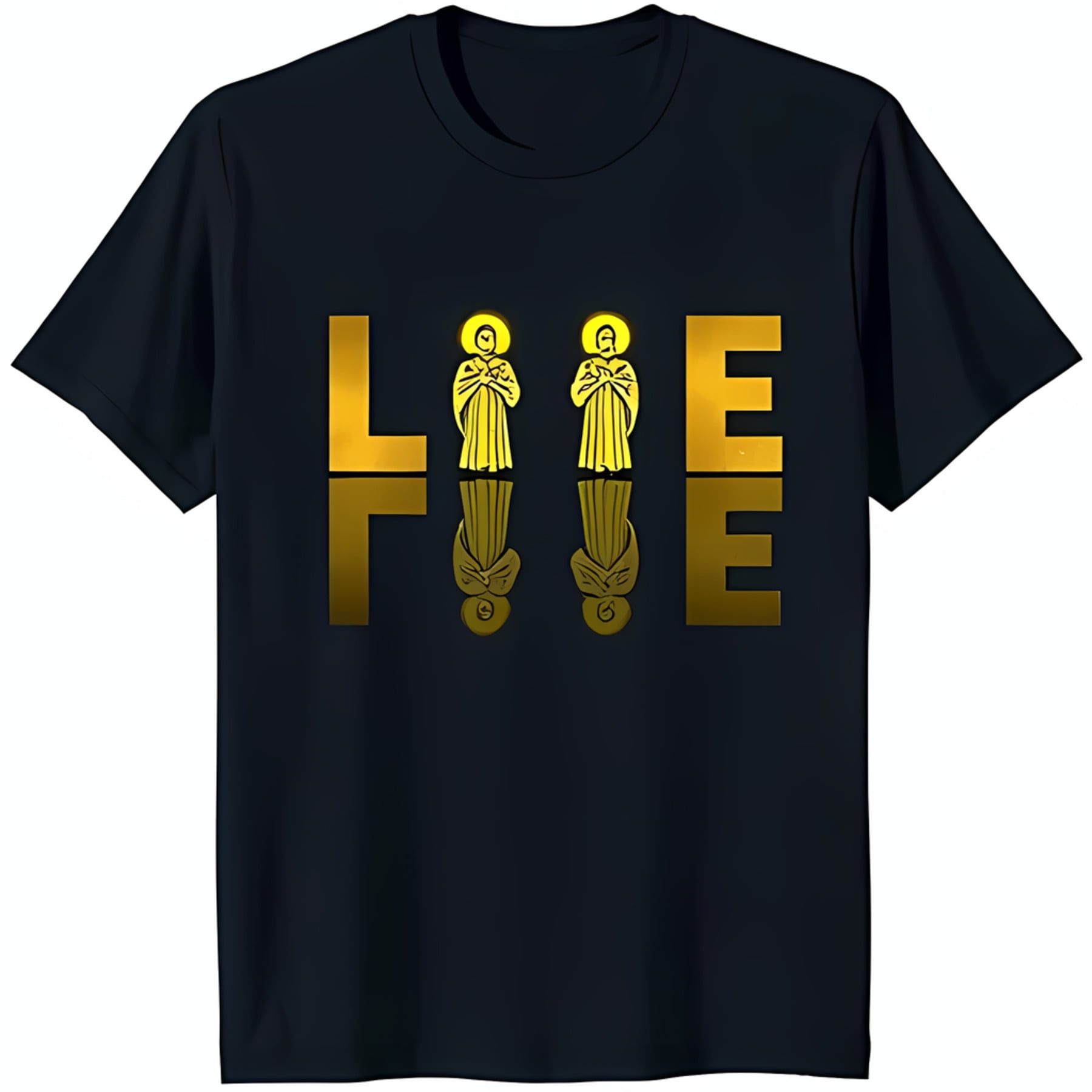 Black TShirt with Gold 'LIFE' Print and Mirrored Prayer Figures Design