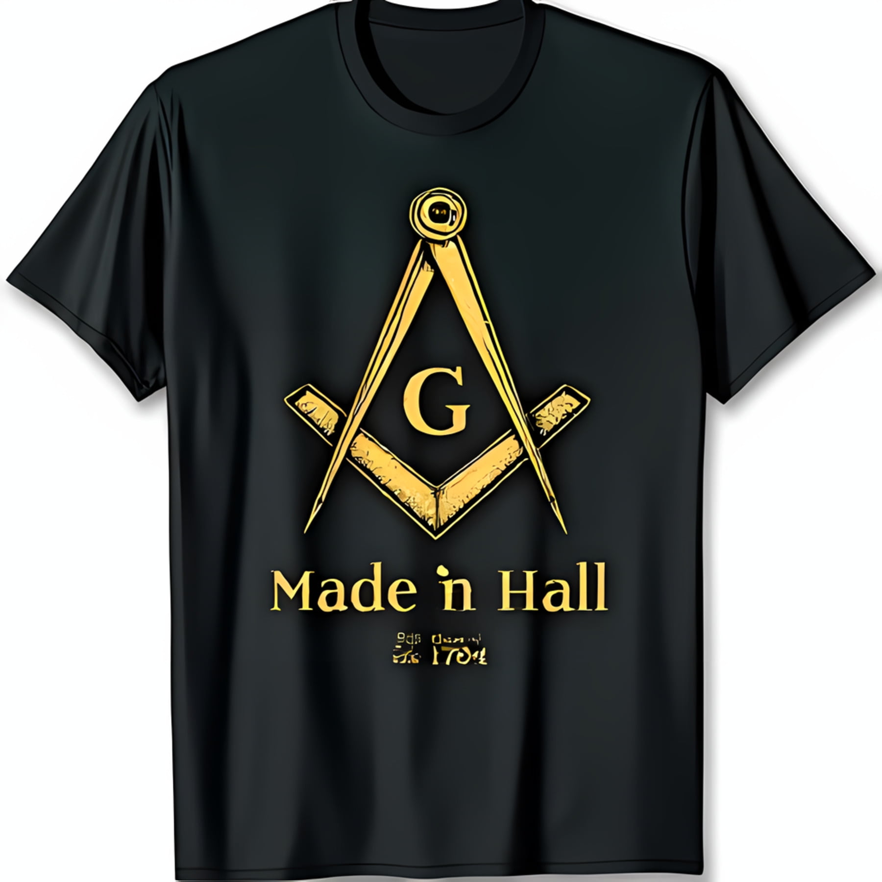 Black TShirt with Gold Masonic & Square Symbol 'Made in Hall' Design
