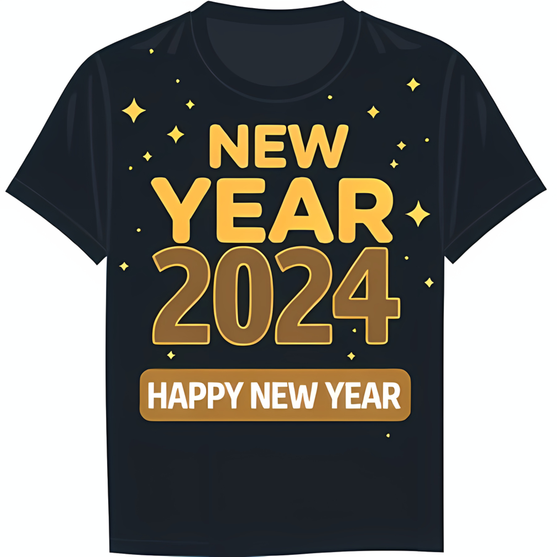 Black TShirt with Gold 'NEW YEAR 2024 HAPPY NEW YEAR' Design & Stars