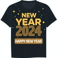 Black TShirt with Gold 'NEW YEAR 2024 HAPPY NEW YEAR' Design & Stars