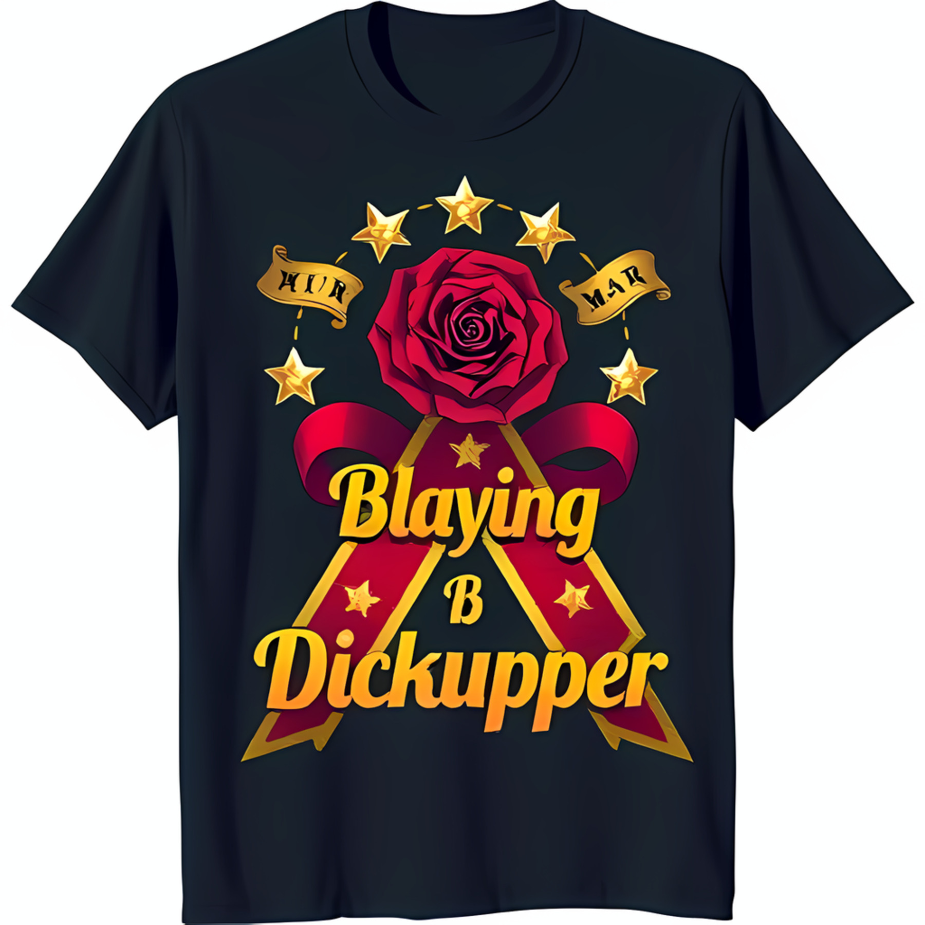 Black T-Shirt with Gold & Red Design 'Blaying B Dickupper' Ribbon Red ...