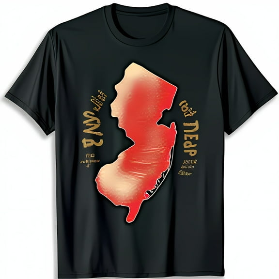 Black T-Shirt with Gold & Red New Jersey Outline The Garden State & 201 New Jersey Design