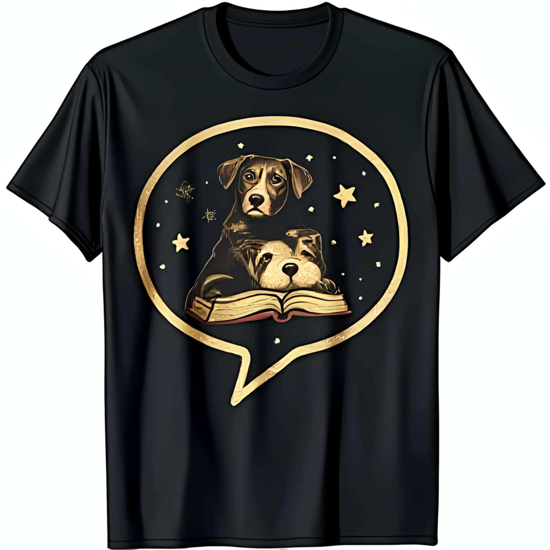 Black T Shirt With Gold Speech Bubble Graphic Dogs Reading A Book black-t-shirt-with-gold-speech-bubble-graphic-dogs-reading-a-book
