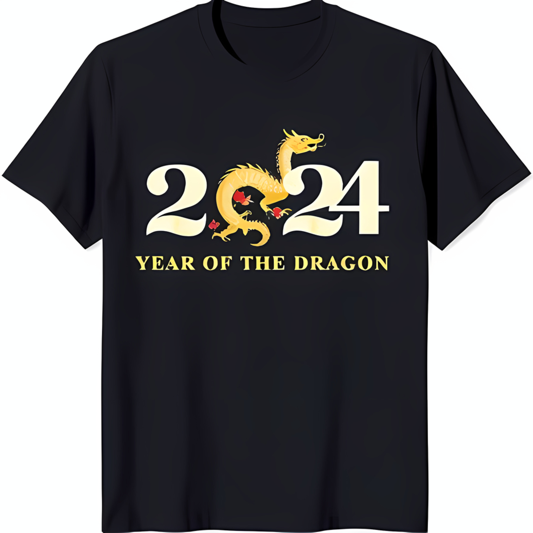 Black TShirt with Gold and Red Flowers 2024 Year of the Design