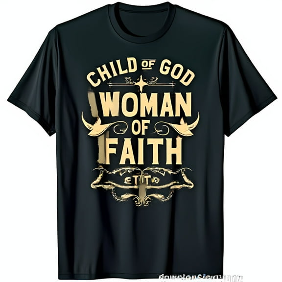Black T-Shirt with Gold of God Woman of Faith Design