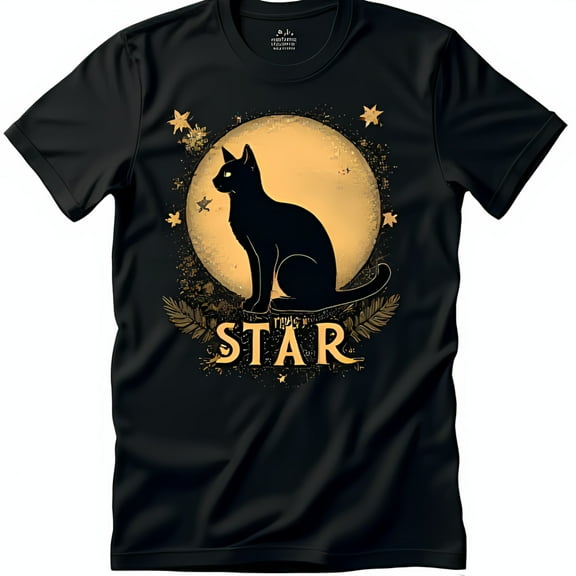 Black T-Shirt with Golden Cat on Graphic My Star Design