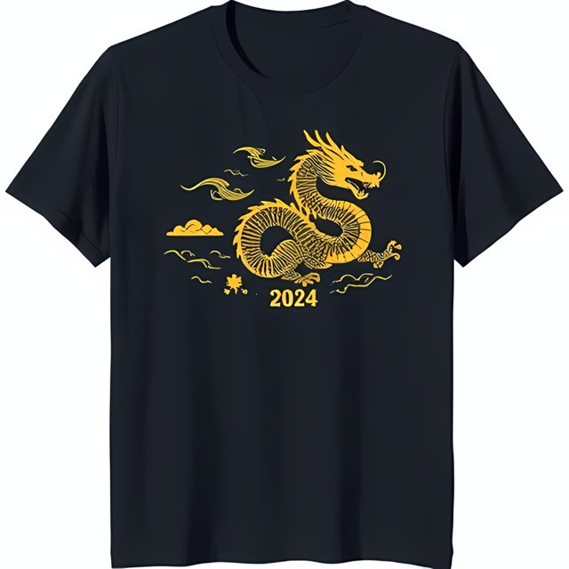 Black TShirt with Golden Chinese Graphic Celebrate 2024 New Year