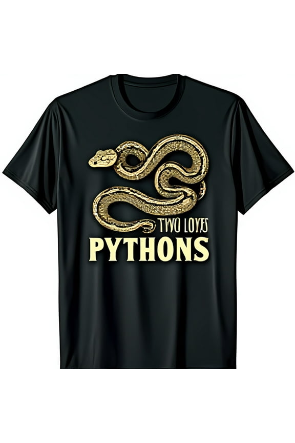 Black T-Shirt with Golden Coiled Design 'TWO LOVES PYTHONS' Graphic Tee
