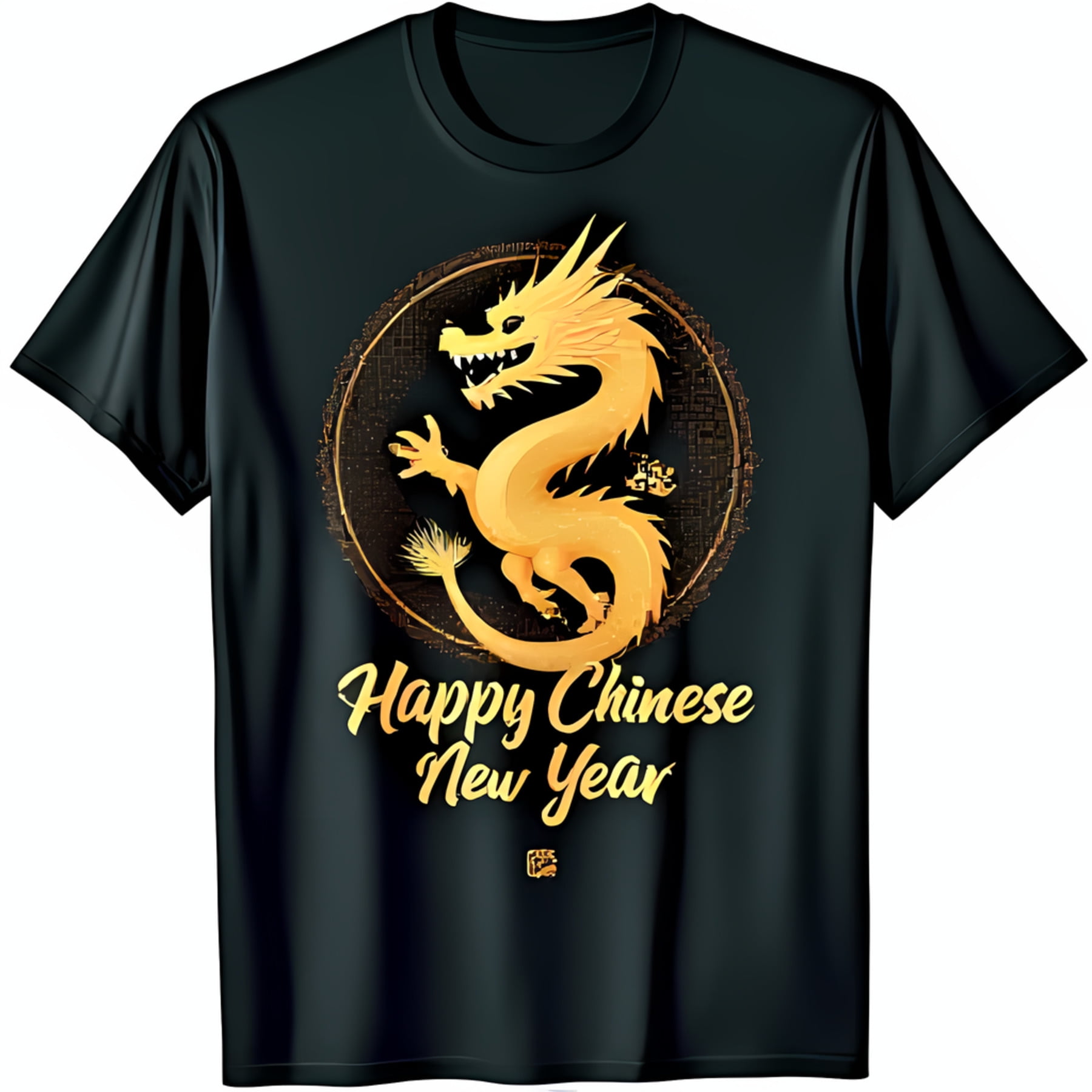 Black T-Shirt with Golden Design Happy Chinese New Year Graphic Tee
