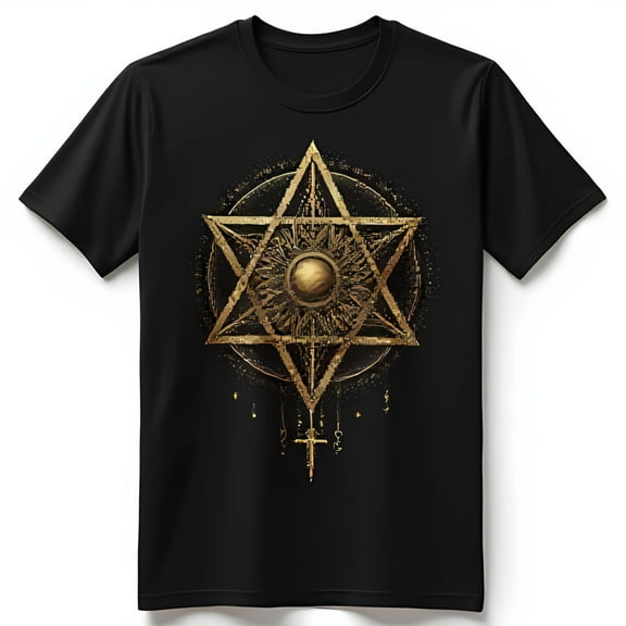 Black T-Shirt with Golden Design Intricate Patterns & Sun Center