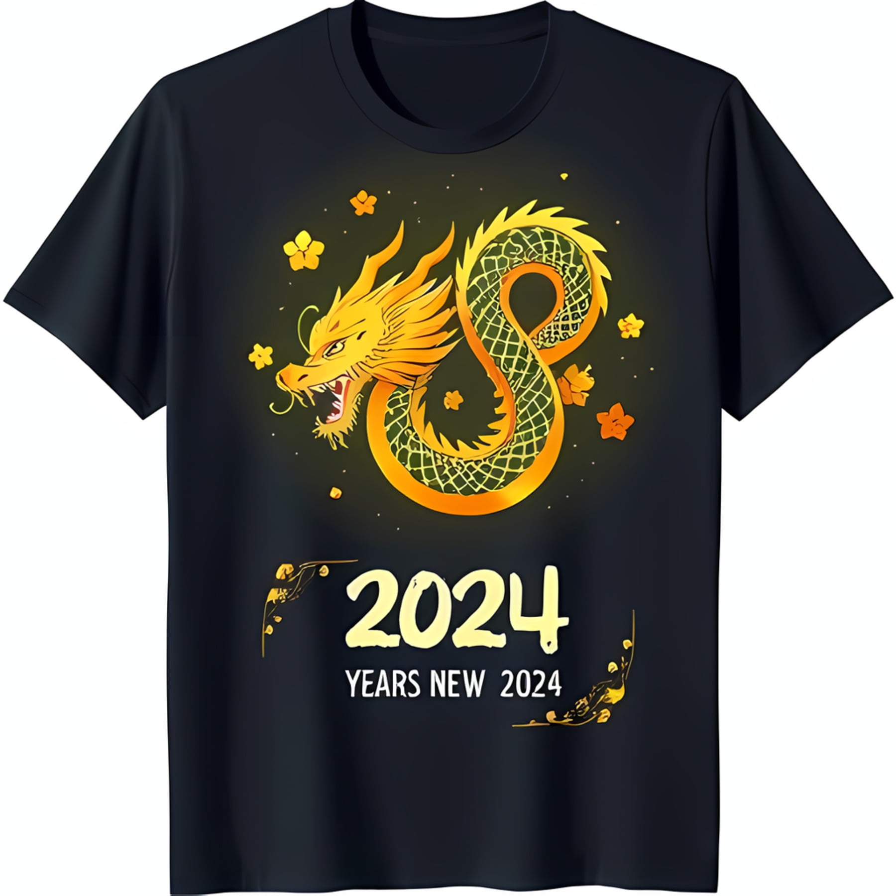 Black TShirt with Golden Graphic Year 2024 & Yellow Flowers