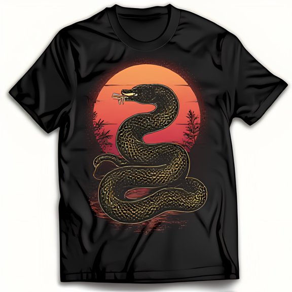 Black T-Shirt with Golden Textured Snake Design Against Sunset & Trees