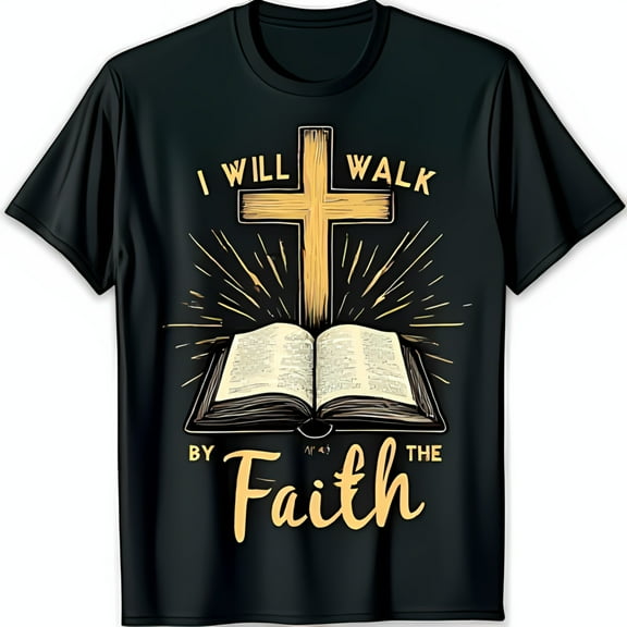 Black T-Shirt with Golden and Open Bible I Will Walk by Faith Design