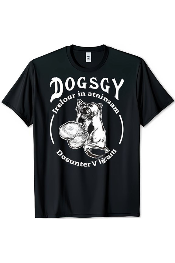 Black T-Shirt with Gothic DOGSGY Design Dog Holding & Unique Text