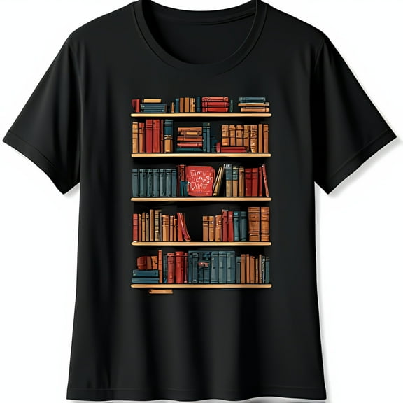 Black T-Shirt with Graphic Design of Bookshelf Full of Colorful