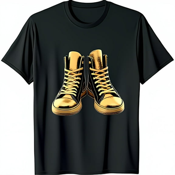 Black T-Shirt with Graphic Design of Classic Gold Top Sneakers