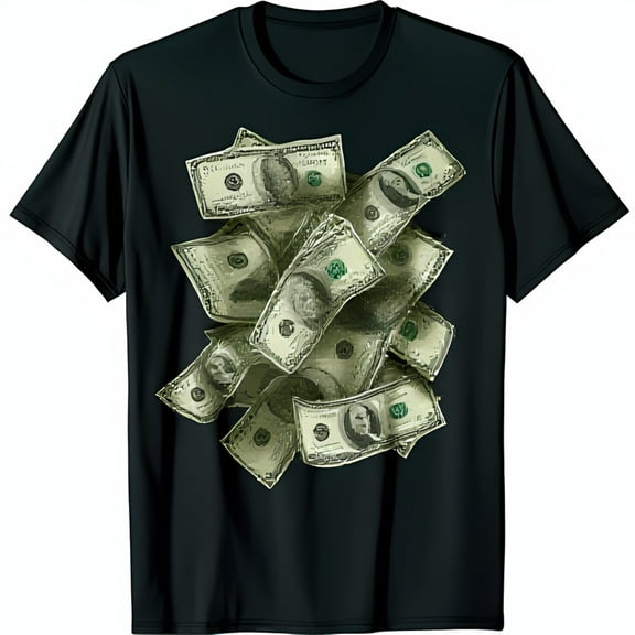 Black T-Shirt with Graphic Design of Falling Money Pile Tee