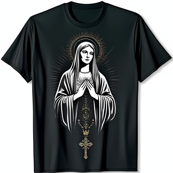 Black T-Shirt with Graphic Golden & Rosary Design