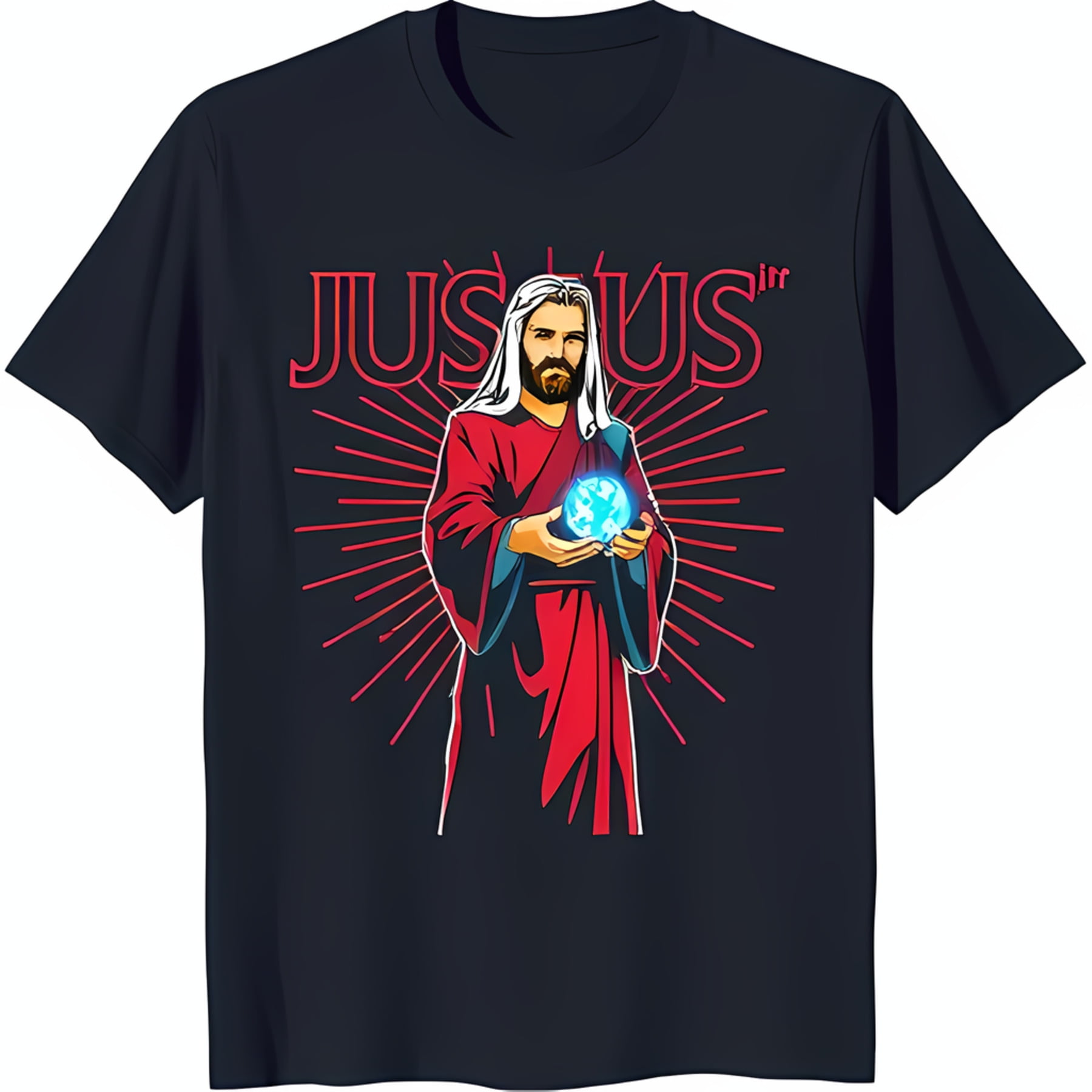 Black TShirt with Graphic Holding Blue Orb & Red Yellow 'JUST US