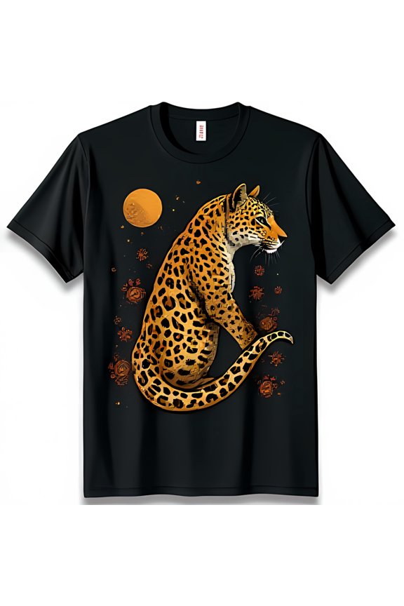 Black T-Shirt with Graphic Illustration Framed by Full Moon