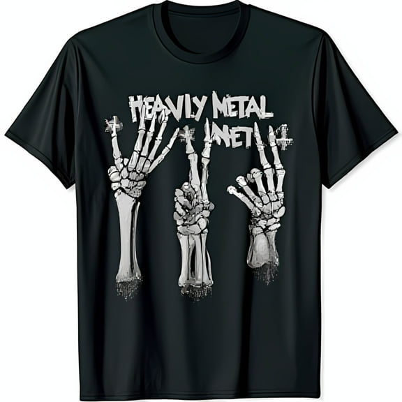 Black T-Shirt with Graphic Print Rock On Skeleton Hands Design