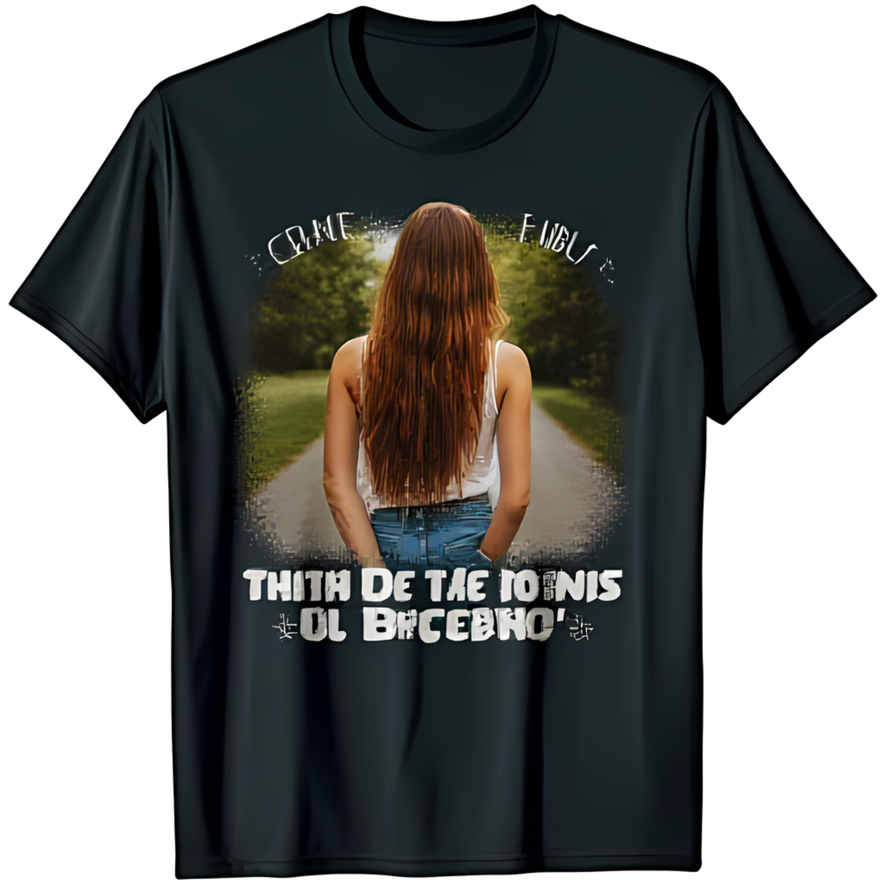 Black TShirt with Graphic Print of Woman in Forest 'The Crane Fables
