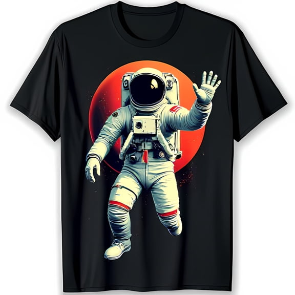 Black T-Shirt with Graphic Waving in White Spacesuit & Red Planet