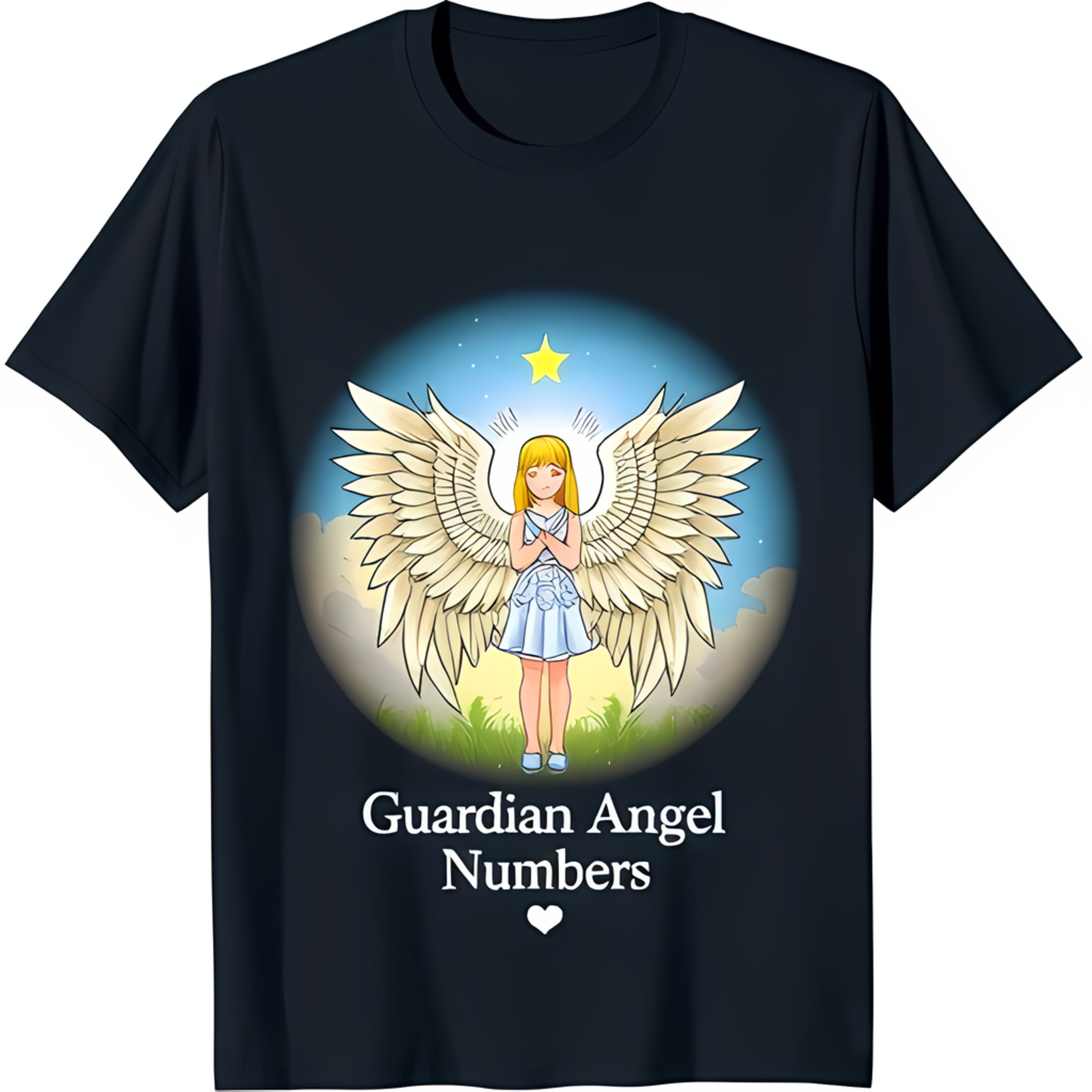Black TShirt with Graphic White Wings & 'Guardian Numbers' Design