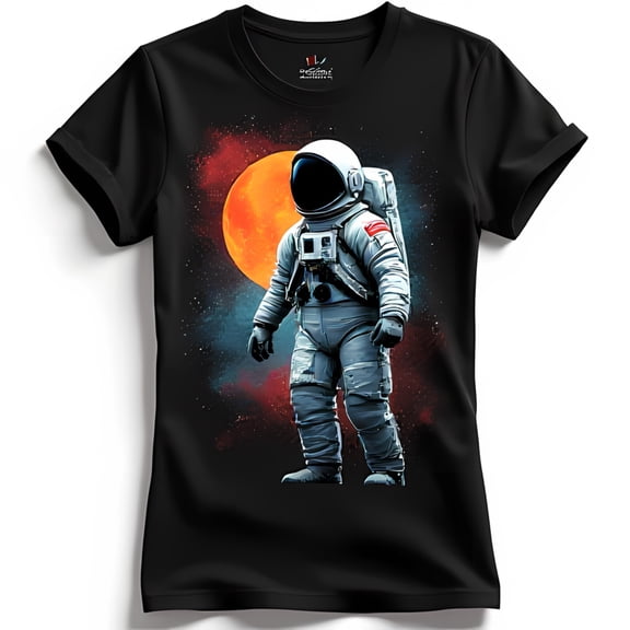 Black T-Shirt with Graphic and Red Moon Design Space Exploration Tee