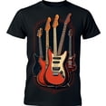 thumbnail image 1 of Black T-Shirt with Graphic of 5 Colorful Guitars on Dark Red Background, 1 of 5