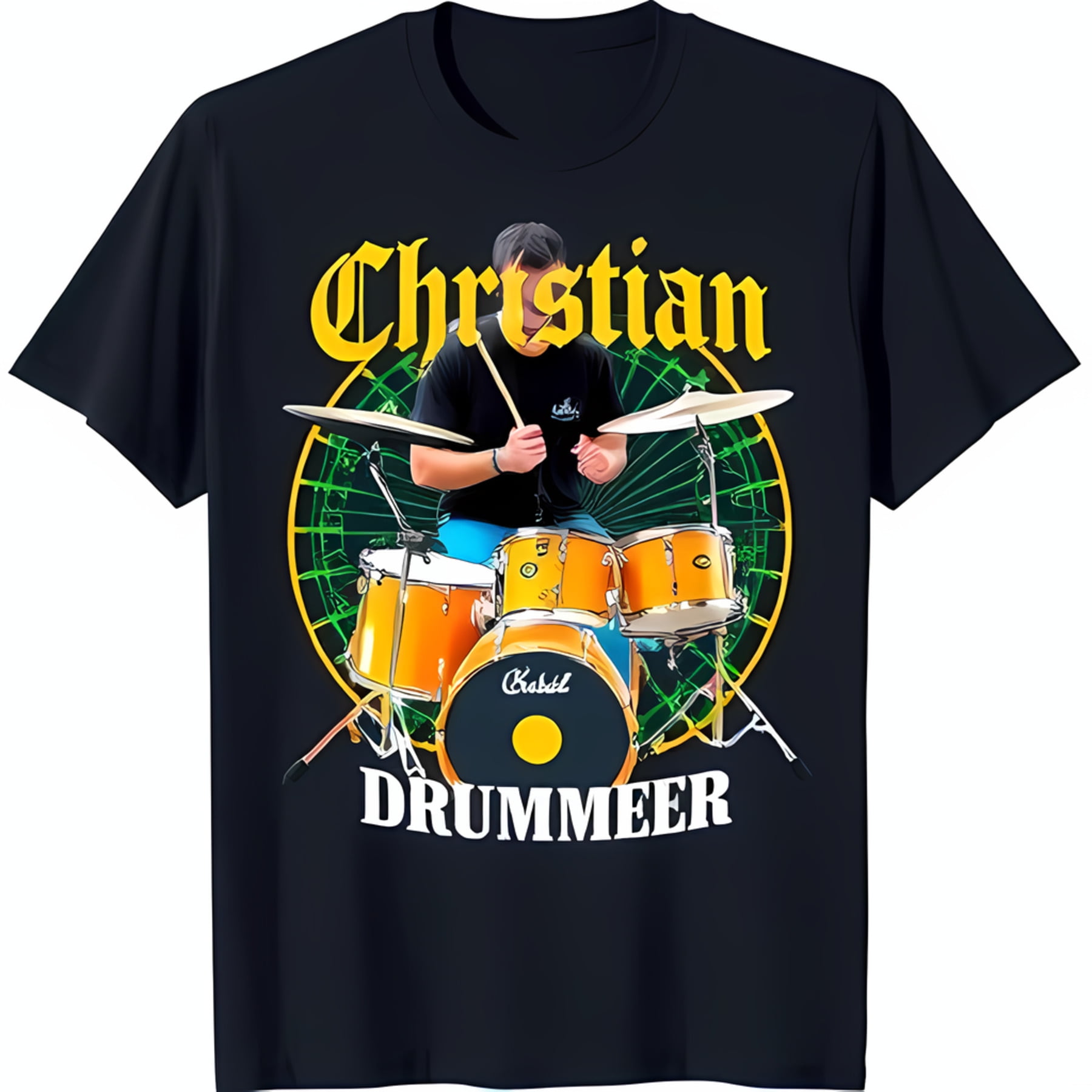 Black TShirt with Graphic of Drummer Playing Drum Set 'DRUMMER' Design