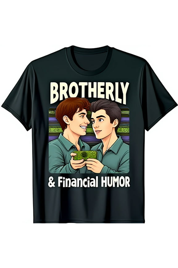 Black T-Shirt with Graphic of Two Smiling Men Holding Money Brotherly & Financial Humor