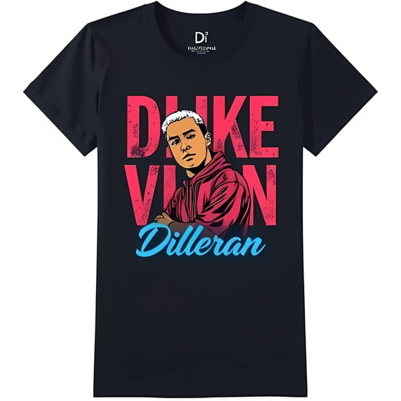 Black T-Shirt with Graphic of Young Man in Red ' Vin' & 'Dilleran' Design
