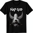 Black TShirt with Gray Angelic Figure and 'NAP GOD' Text Sleep Humor
