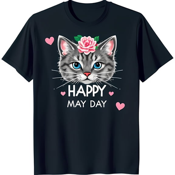 Black T-Shirt with Gray Cat in Pink Flower Crown Happy May Day Graphic