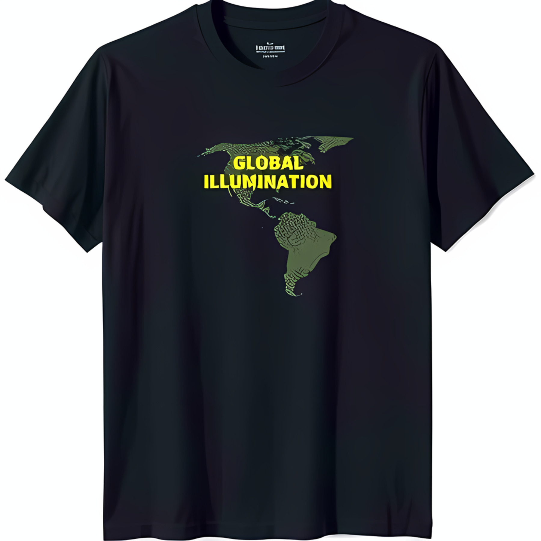 Black TShirt with Green Dot World Map Graphic & Bold Yellow 'GLOBAL