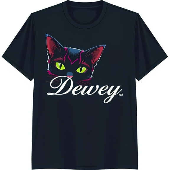 Black T-Shirt with Green Eyed Cat Design and 'Dewey' Cursive Text